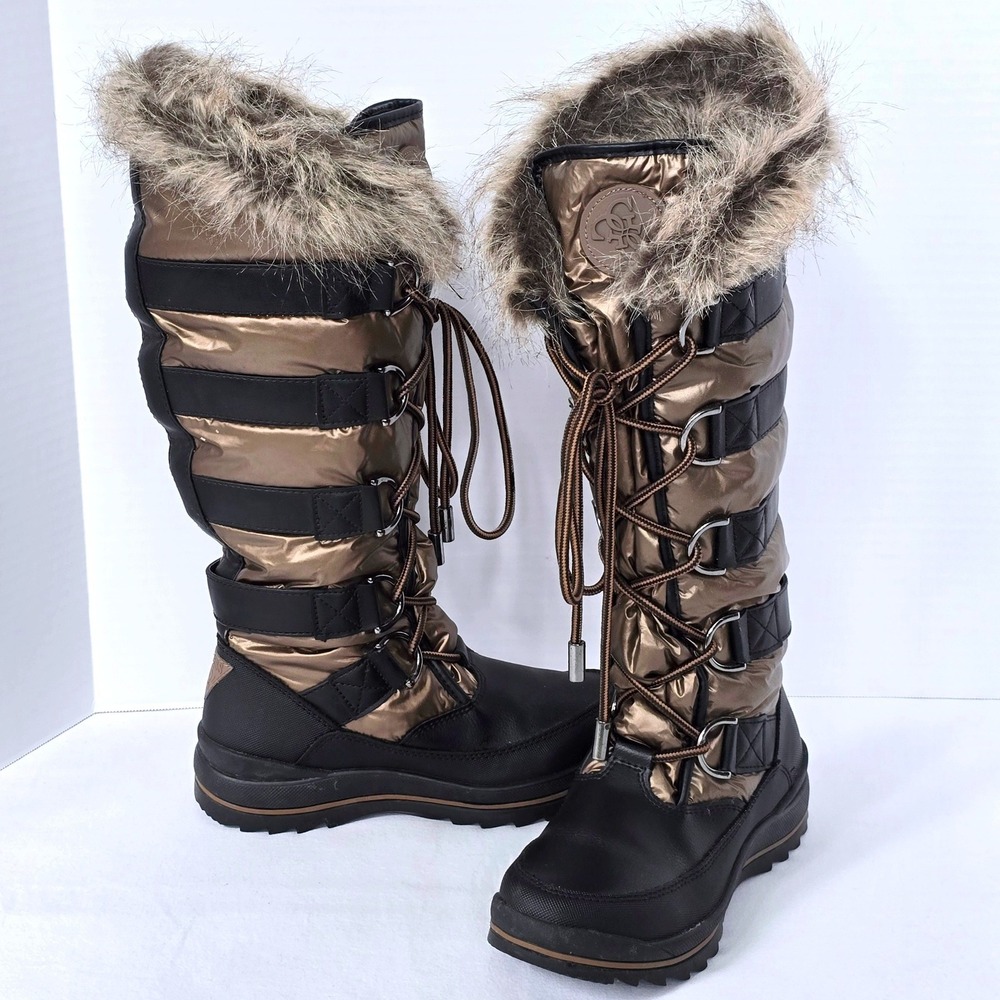 GUESS Hadly Womens Size 7M Tall Winter Boots Bronze Black Faux Fur Lace Up